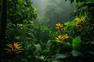 AI generated photograph capturing the vibrant biodiversity of a tropical rainforest photo