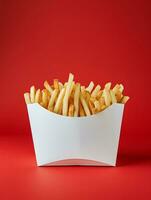 AI generated blank french fries box mockup in plain red isolated background photo