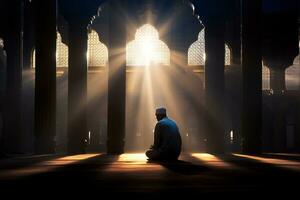 AI generated a person engaged in prayer inside a mosque during the sacred month of Ramadan photo