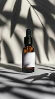 AI generated brown transparent dropper bottle with a simple white label and gentle shadows of leaves in the background photo