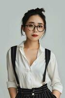 AI generated a woman wearing glasses against white plain background photo