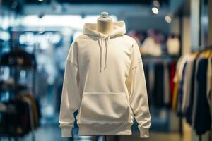 AI generated photo of a white hoodie on mannequin inside of clothing store