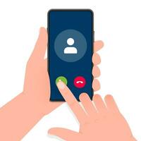 Hand holds phone with call Incoming video call on screen on green background. Vector illustration.