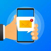 Hand holds phone with mail post new message on blue background. Vector illustration.