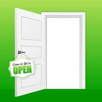 Open door sign. Door sign. Label with text in flat style. vector