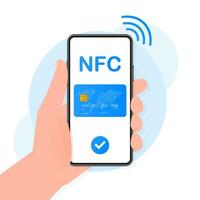 Hand holds phone with Contactless Payment Methods Mobile on blue background. Vector illustration.