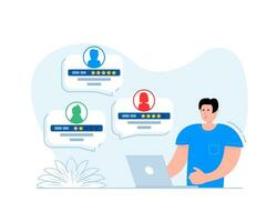 Man giving assessment in internet store. Customer support. Five Star Feedback. Vector stock illustration.