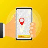 Hand holds phone with map and points on yellow background. Delivery app. Vector illustration.