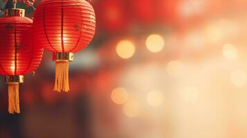 AI generated lunar new year background with hanging red latern photo