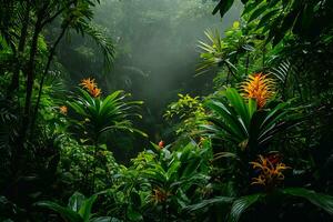 AI generated photograph capturing the vibrant biodiversity of a tropical rainforest photo