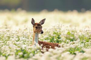 ai generado un ciervo en un campo de blanco flores selectivo atención foto