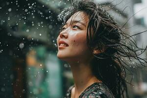 AI generated a woman caught in a rainstorm the raindrops glistening on her hair and clothes photo