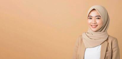 AI generated a beautiful asian woman wearing beige hijab and blazer photo