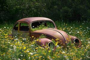 ai generado un oxidado fuera antiguo coche sentado en un campo de flores foto