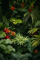 AI generated photograph capturing the vibrant biodiversity of a tropical rainforest photo