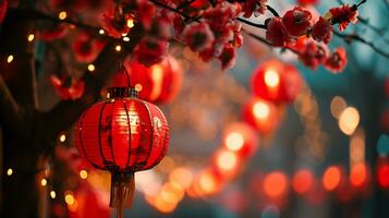 AI generated lunar new year background with hanging red latern photo