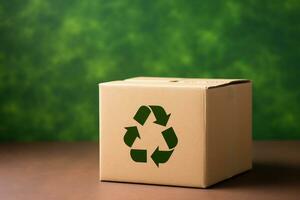 AI generated cardboard box with a recycle symbol on green background photo