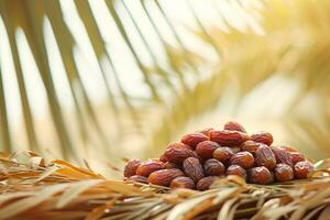 AI generated a bunch of fresh dates neatly arranged against a backdrop of date palms and soft sunlight photo