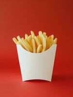 AI generated blank french fries box mockup in plain red isolated background photo