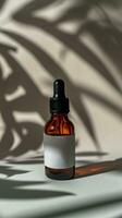 AI generated brown transparent dropper bottle with a simple white label and gentle shadows of leaves in the background photo