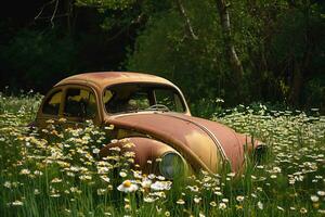 ai generado un oxidado fuera antiguo coche sentado en un campo de flores foto