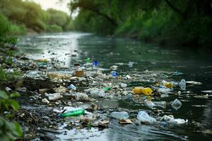 ai generado agua contaminación con un contaminado orilla del río ensuciado con el plastico residuos foto