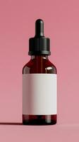 AI generated dropper bottle with a simple white label against a pink background photo