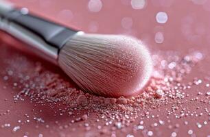 AI generated a makeup brush with white shimmer on a pink background photo