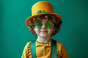 AI generated a little boy stands on a yellow background wearing a leprechaun hat leprechaun photo