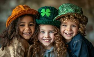 ai generado Tres niños vistiendo S t patrick's día sombreros y sonriente foto