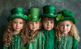 AI generated kids in green costumes posing for a photo on st patricks holiday