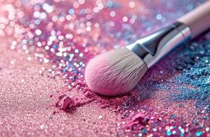 AI generated a transparent eyeshadow brush against pink paper with glitter splatter photo