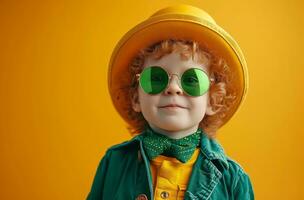 AI generated little boy in a st patrick's day hat and sunglasses photo