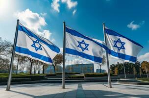 AI generated three israeli flags with blue sky photo