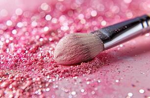 AI generated a transparent eyeshadow brush against pink paper with glitter splatter photo