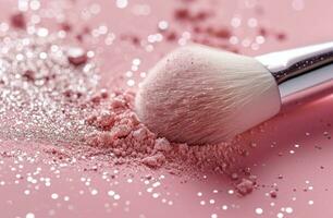 AI generated a makeup brush with white shimmer on a pink background photo