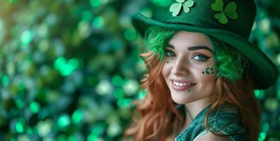 AI generated a woman wearing a green hat and shamrock wig is holding a lint photo