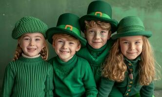 AI generated kids in green costumes posing for a photo on st patricks holiday