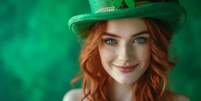 AI generated a woman wearing a green hat and shamrock wig is holding a lint photo