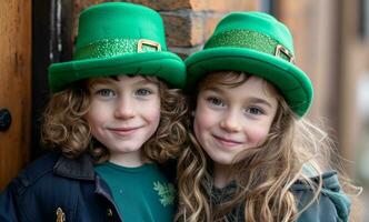 AI generated kids in green costumes posing for a photo on st patricks holiday