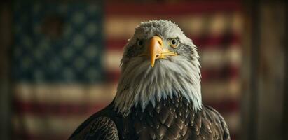 ai generado un americano calvo águila soportes en frente de un americano bandera foto