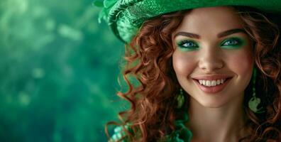 AI generated a woman wearing a green hat and shamrock wig is holding a lint photo