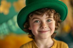 ai generado pequeño chico en verde duende sombrero sonriente duende foto