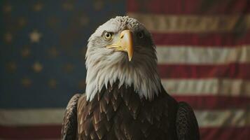 ai generado un americano calvo águila soportes en frente de un americano bandera foto