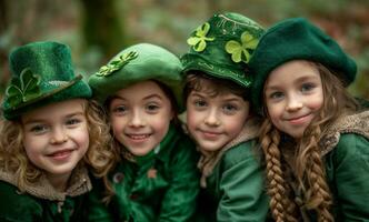 AI generated kids in green costumes posing for a photo on st patricks holiday