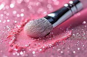 AI generated a transparent eyeshadow brush against pink paper with glitter splatter photo