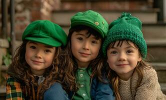 ai generado niños en verde disfraces posando para un foto en S t patricks fiesta