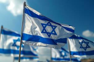 AI generated israeli flags waving against blue sky photo