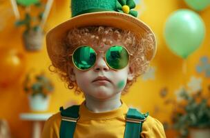 ai generado un pequeño chico soportes en un amarillo antecedentes vistiendo un duende sombrero duende foto