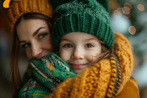 AI generated woman hugging child wearing a green hat photo